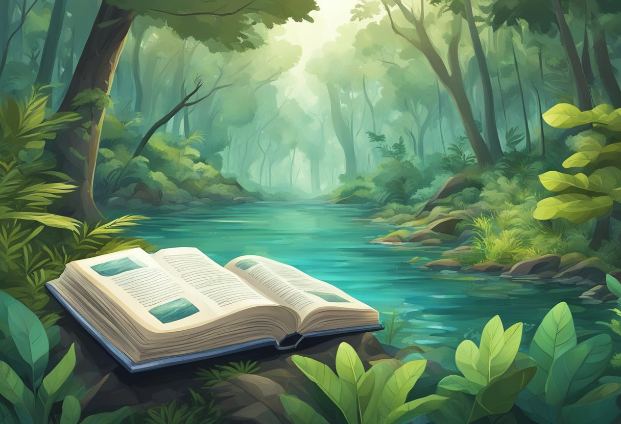 A lush forest with clear water and diverse wildlife, surrounded by pollution and deforestation. A lost book lies hidden among the trees, waiting to be discovered