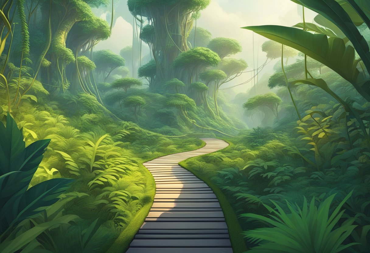 A lush jungle landscape with winding paths, vibrant foliage, and hidden obstacles. A futuristic pathfinding device leads the way through the dense terrain