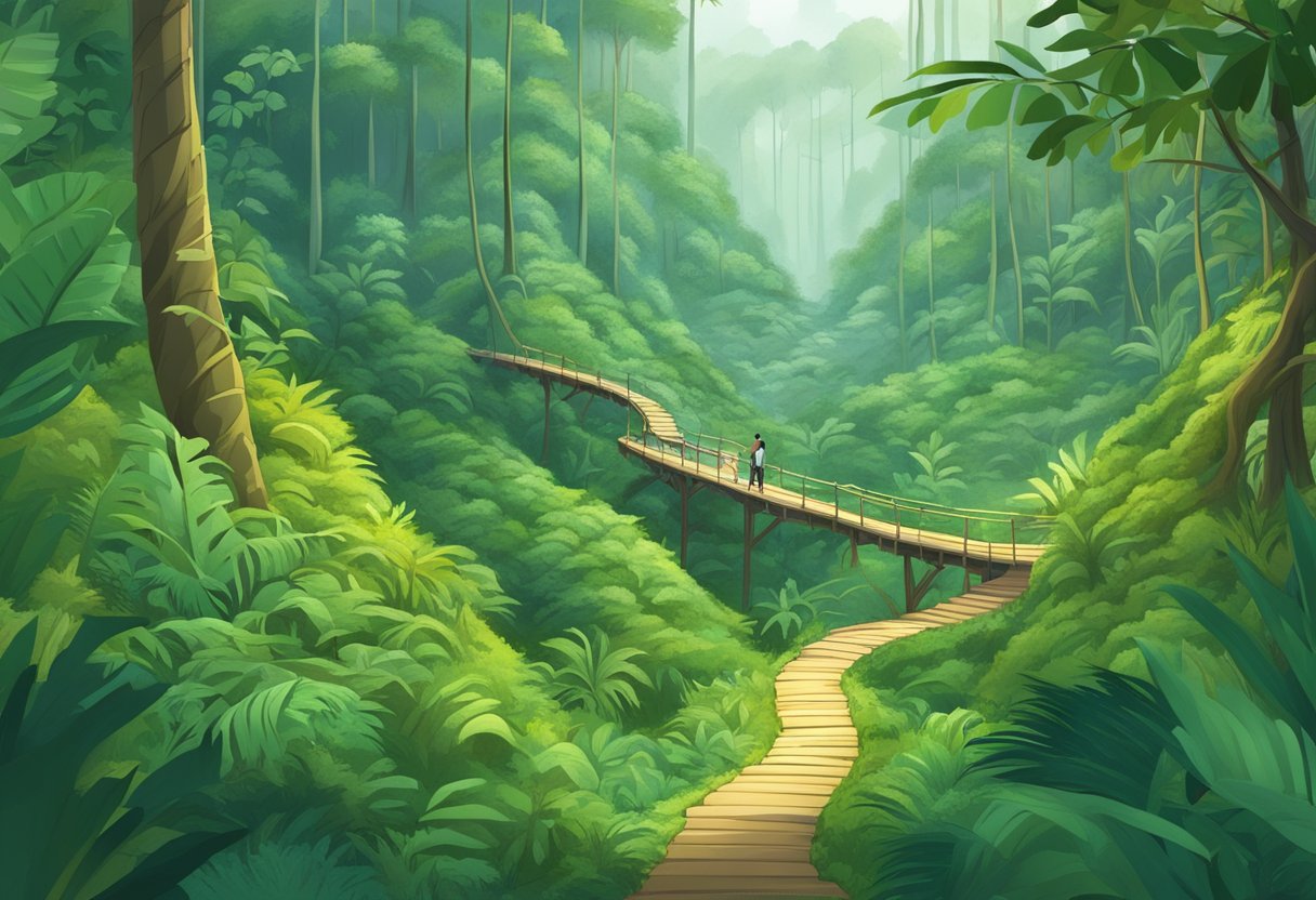 A dense jungle with winding paths, scattered documents, and a support team navigating through challenging terrain