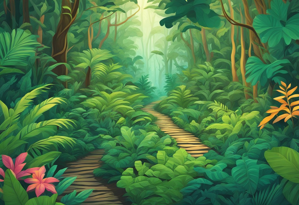 A dense jungle with intertwining paths, marked with varying probabilities. Lush foliage, vibrant colors, and a sense of mystery