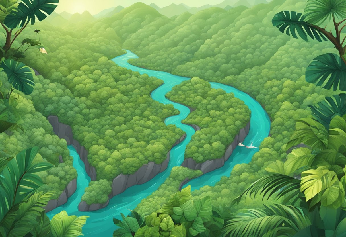 A dense jungle with winding paths, foliage, and wildlife. A map and compass in hand, navigating through the dense terrain
