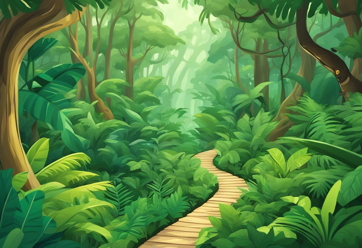 A dense jungle with winding paths and a compass pointing in different directions. Lush green foliage and exotic animals peeking through the trees