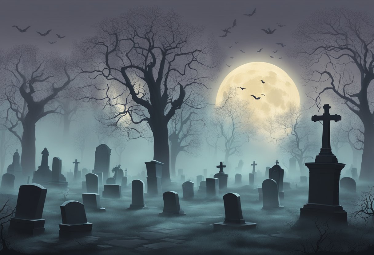A misty graveyard with tombstones, eerie trees, and ghostly figures floating above, surrounded by swirling fog and a full moon