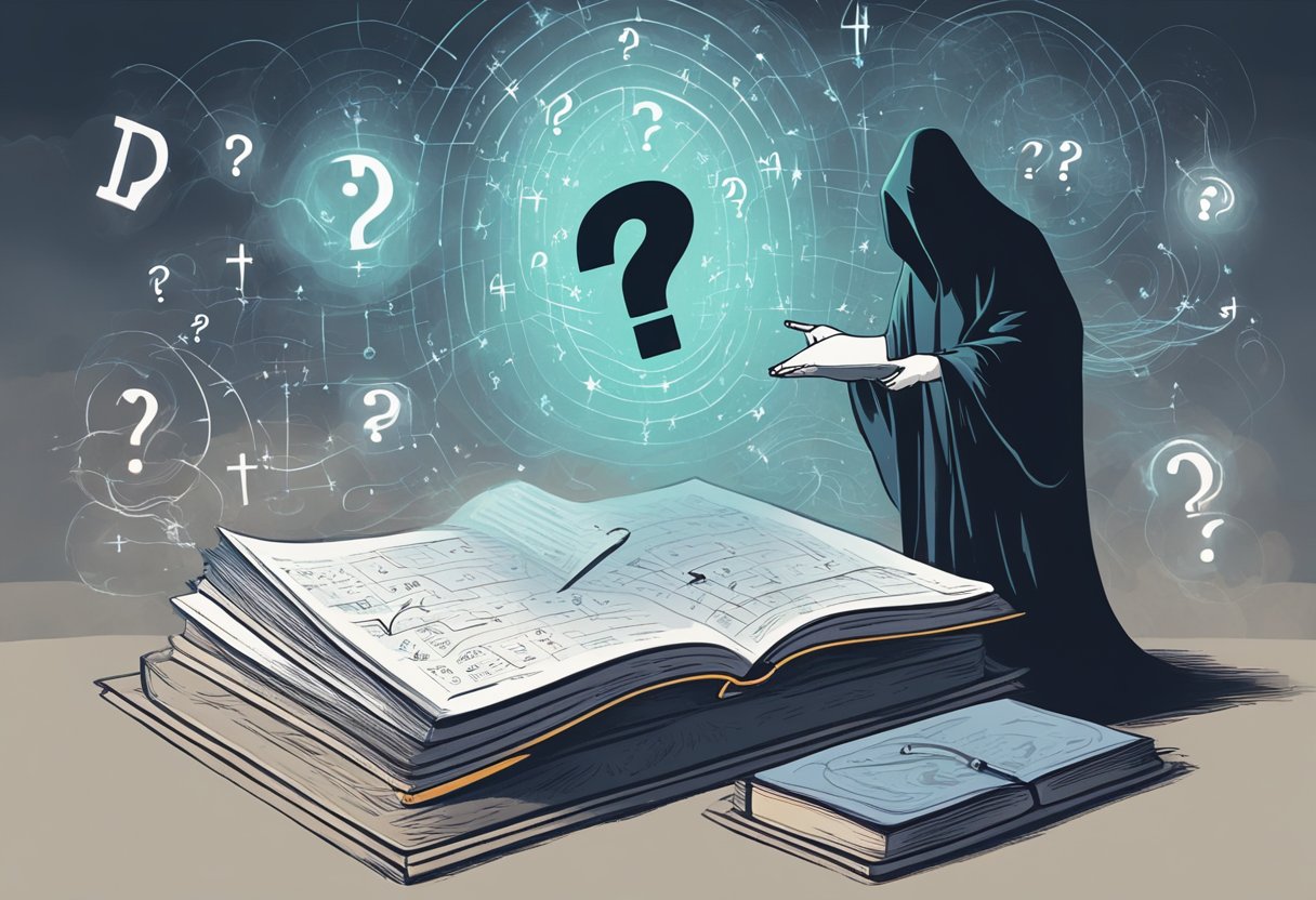 A ghostly figure hovers over a math book, surrounded by floating equations and eerie symbols. A ghostly hand points to a question mark, adding to the mysterious atmosphere