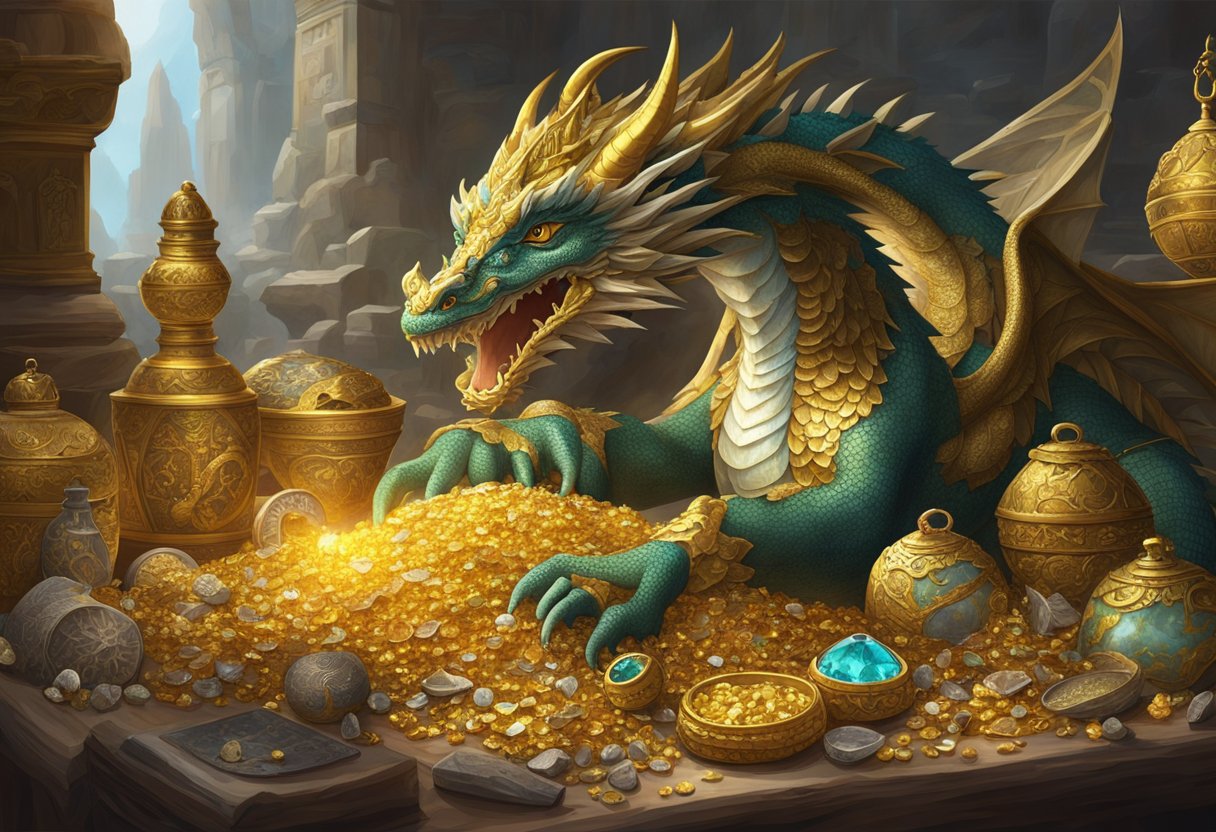 Dragon's Hoard: Treasure Hunting with Maths – Uncovering the Secrets of Wealth through Numbers Dragon's Hoard LearningMole A dragon's hoard glitters with gold, jewels, and ancient artifacts. The treasure is carefully arranged in piles, creating an enticing and mesmerizing scene for any treasure hunter