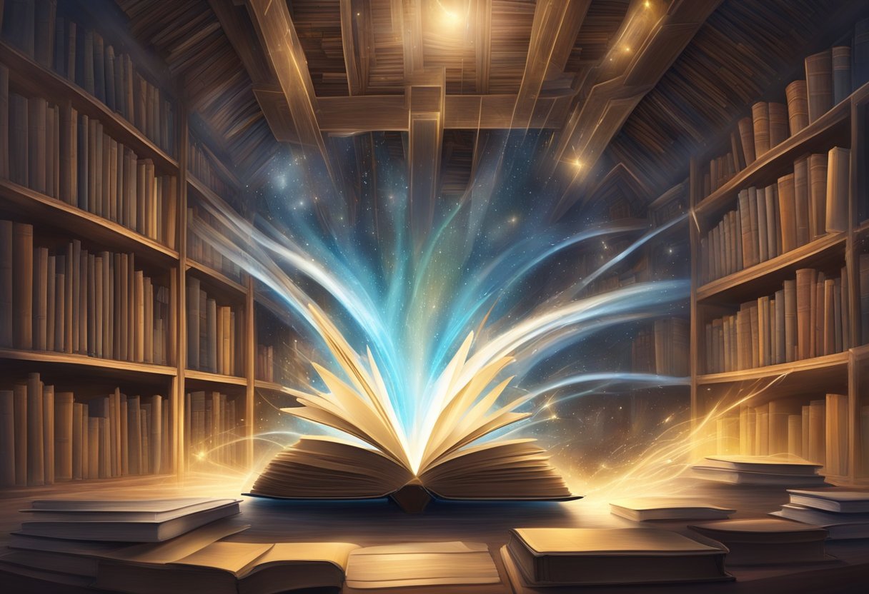 A swirling vortex of light and energy opens, revealing glimpses of historical events. Books float around, emitting beams of light towards the vortex