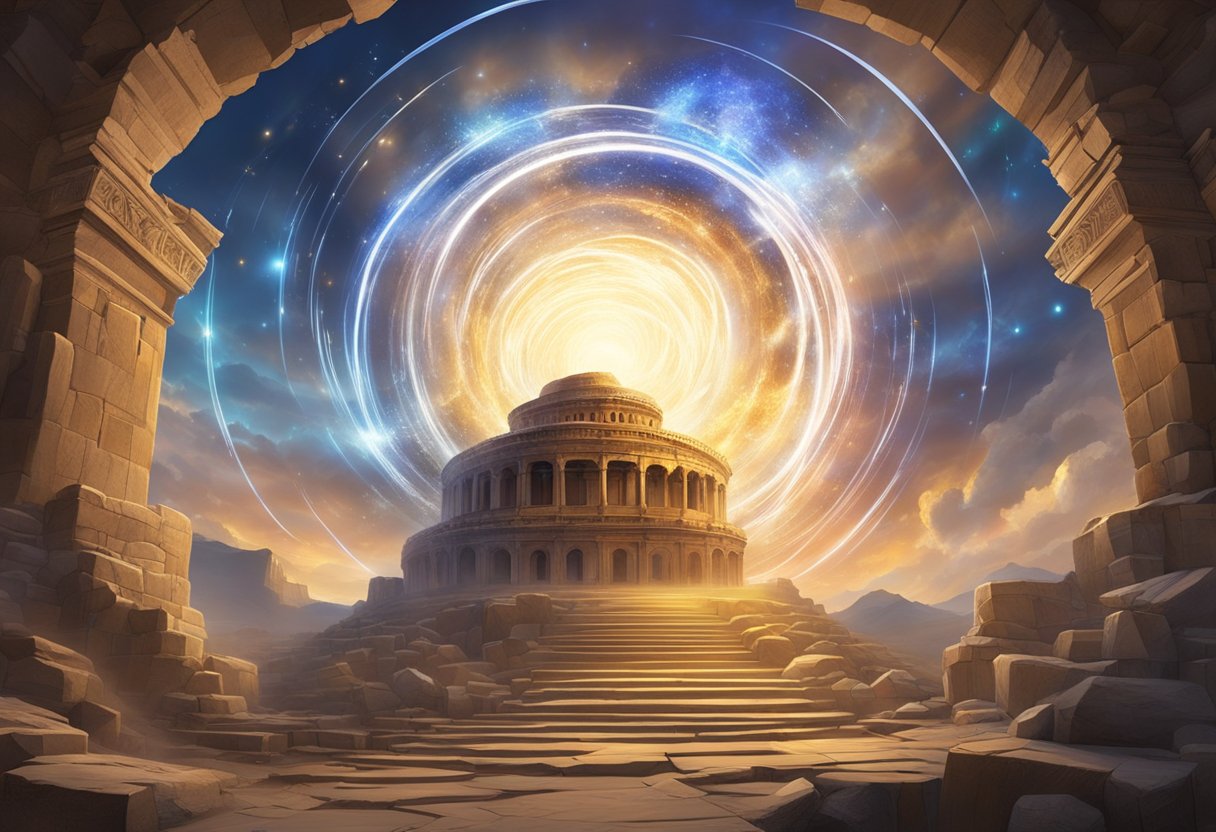 A swirling vortex of light and energy opens in the midst of ancient ruins, surrounded by symbols of historical events