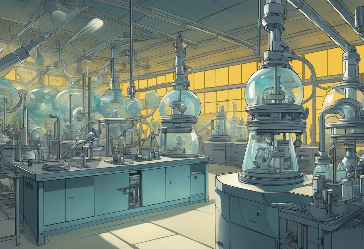A laboratory filled with futuristic equipment and swirling vortexes, as scientists conduct experiments to predict and manipulate historical events