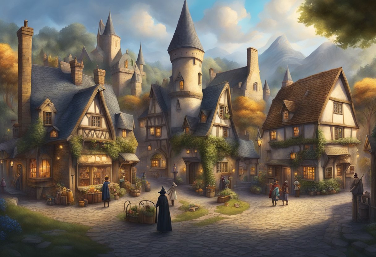 Spellbinding Statistics: Unveiling the Magic of Number Wizardry Spellbinding Statistics LearningMole A bustling wizarding village with diverse architecture and magical creatures. A mix of wizards and witches go about their daily activities, casting spells and brewing potions