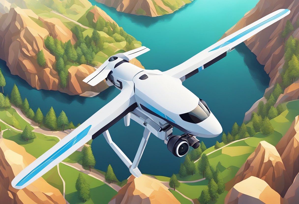Bird's eye view of a scenic landscape with vibrant colors, sharp details, and dynamic composition. A drone hovers above capturing the world from above