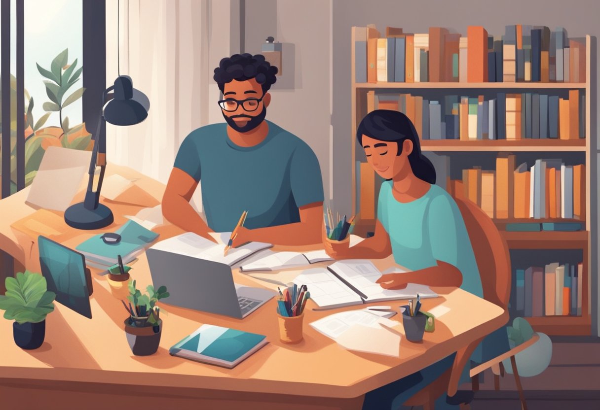 A cozy, organized home workspace with digital devices, books, and art supplies. A parent and teacher collaborate on a project, sharing ideas and resources