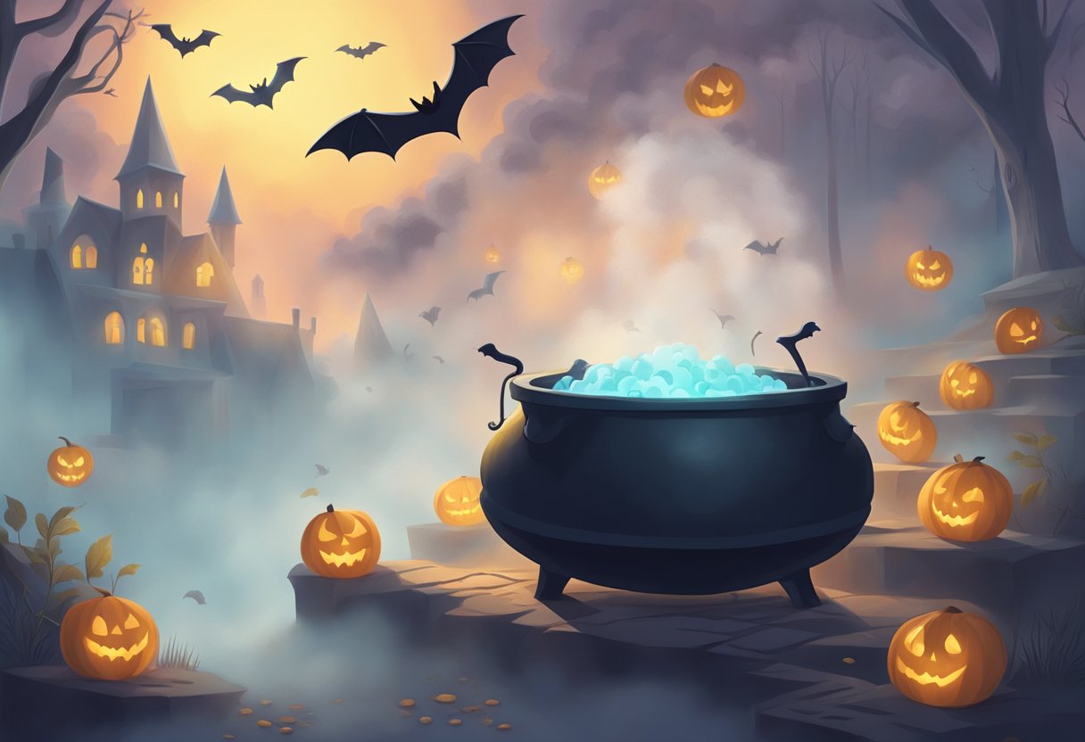 A cauldron boils with bubbling numbers and eerie shapes float in the mist. A bat swoops overhead, casting a shadow on the haunted math puzzles