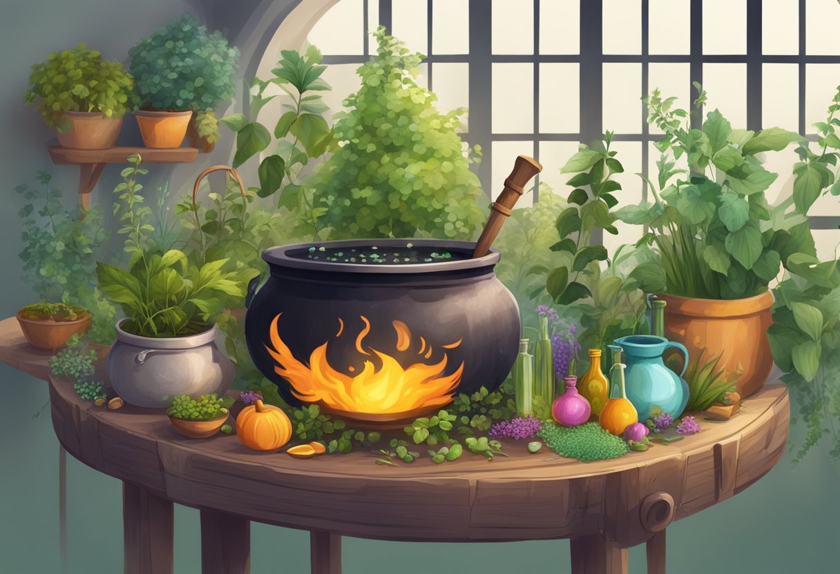 A lush garden with colorful plants and herbs, a bubbling cauldron brewing a magical potion, and a table covered with various ingredients and tools