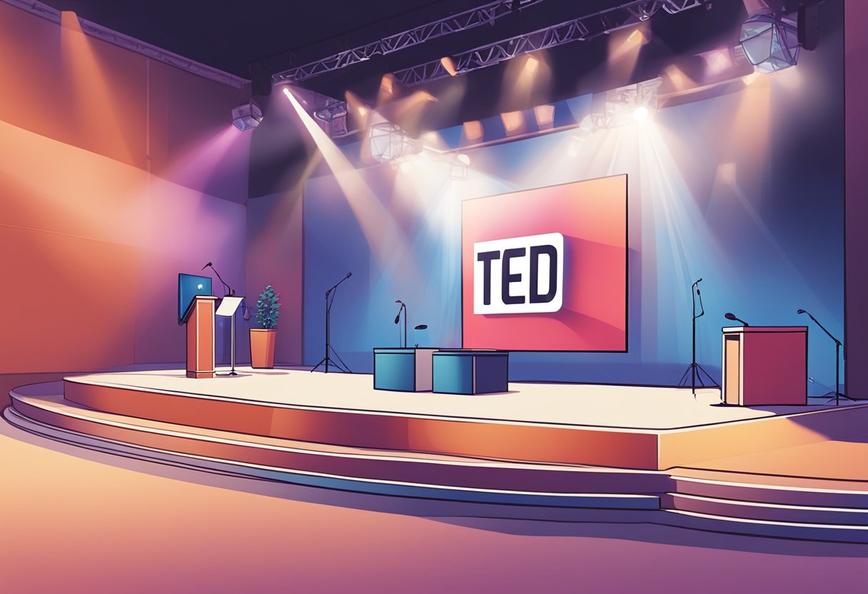 A spotlight shines on a podium with a TED Talk logo. A large screen behind it displays the title "Crafting a Presentation Worthy of the Big Stage." A microphone stands ready for the speaker