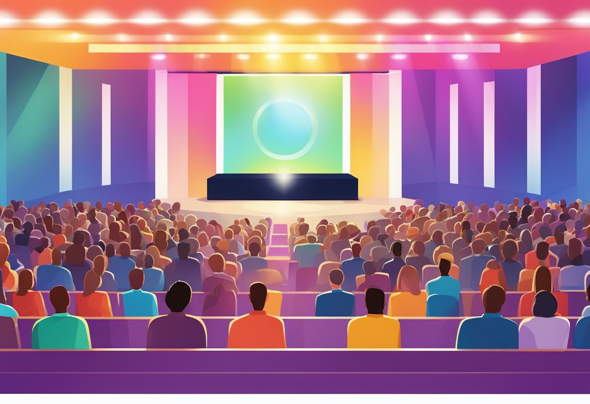 Beyond Book Reports: Elevating Exciting Presentations to Engaging Acts Book Reports,book LearningMole A colorful stage with a spotlight shining on a podium. A large screen displays the book cover. Audience members lean forward in anticipation