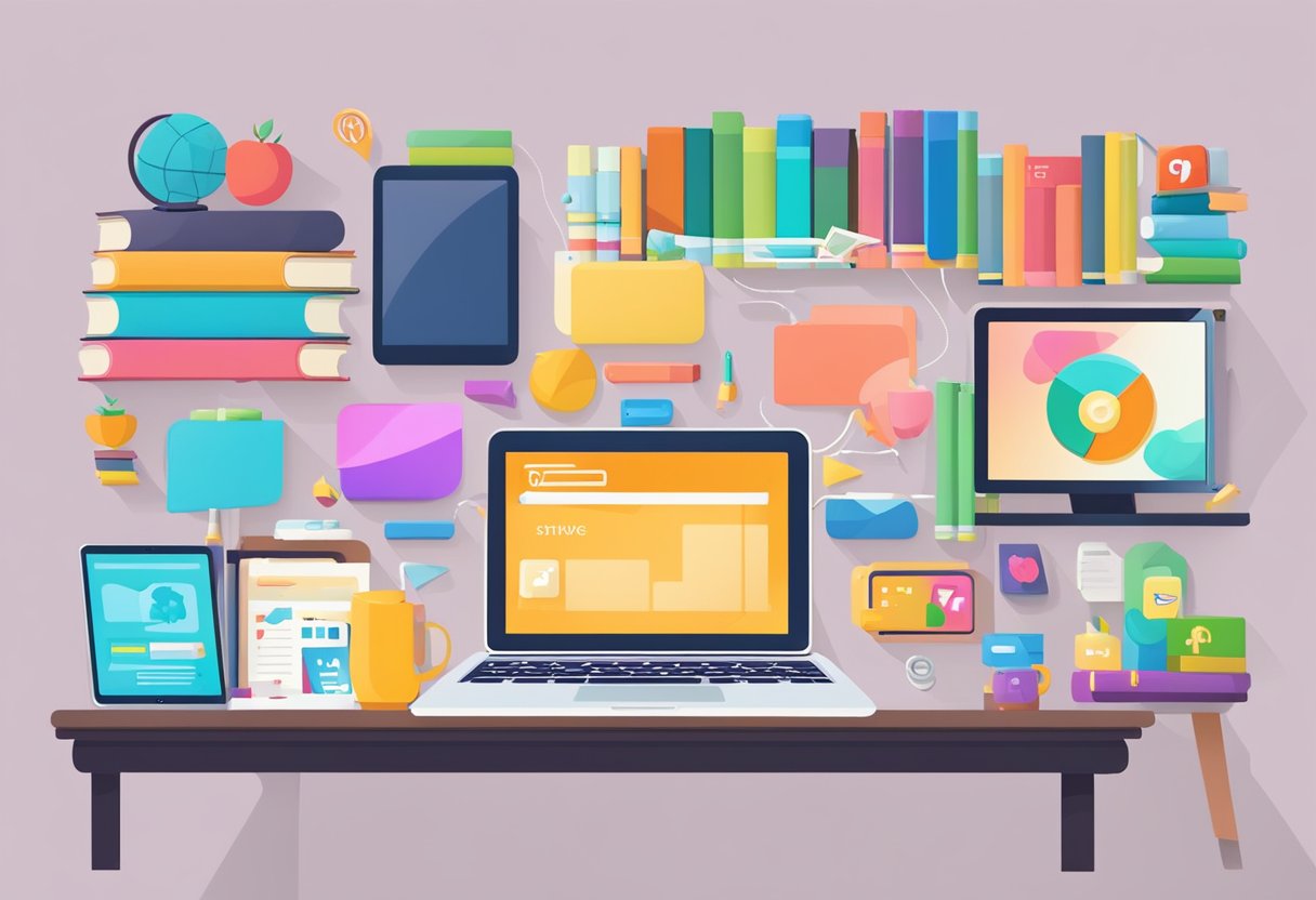 A colorful array of language-learning apps and online games, surrounded by books and flashcards, with a computer and tablet displaying interactive lessons