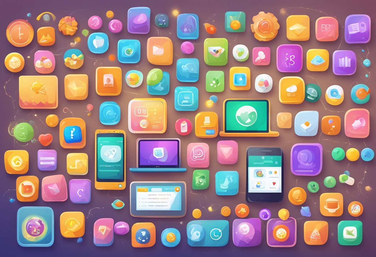 A colorful array of language learning apps and games fill the screen, with interactive features and engaging challenges
