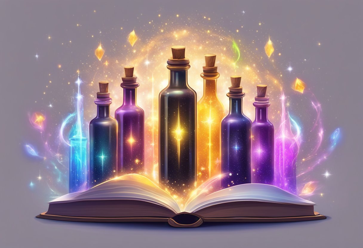 The Magical World of Probability: Wizard Spells and Potions - Unveiling the Mystique of Chance Magical World of Probability,potion LearningMole Sparkling potion bottles arranged in a circular pattern, emitting colorful wisps of magical energy. A spellbook lies open, pages fluttering with unseen power