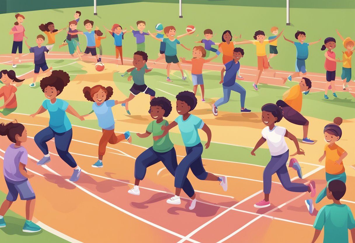 Families exercising together in a school gym or outdoor field, participating in activities like relay races, yoga, and group sports