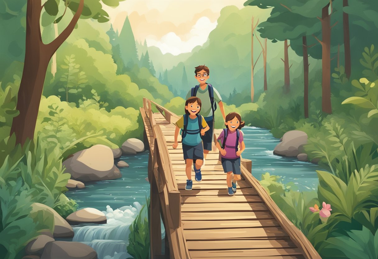 A family hikes through a lush forest, crossing a wooden bridge over a bubbling stream. The parents and children are smiling and laughing as they explore the great outdoors together