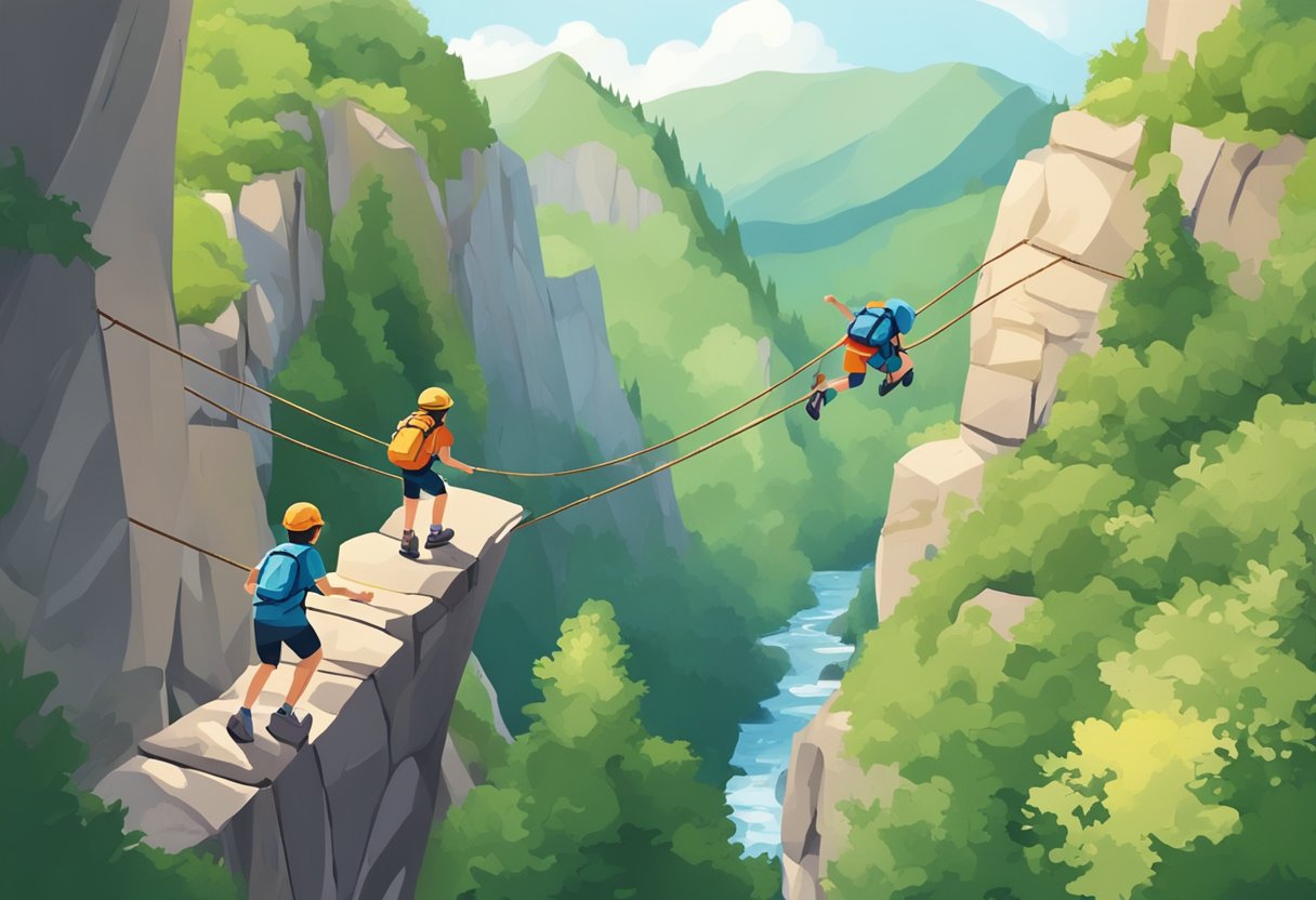 Children climbing a rock wall, others balancing on a rope bridge, while some are hiking up a steep trail