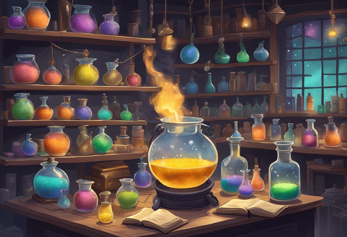 The Magical World of Probability: Wizard Spells and Potions - Unveiling the Mystique of Chance Magical World of Probability,potion LearningMole A cluttered potion lab with bubbling cauldrons, shelves of colorful ingredients, and a dusty spell book open to a page on probability magic