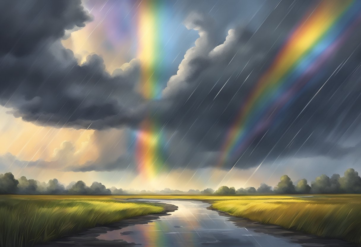 Rainy Days and Rainbows: Deciphering the Amazing Odds of Weather Shifts Rainy Days,Rainbows,data LearningMole A dark, stormy sky looms overhead as rain falls in sheets, creating puddles on the ground. In the distance, a vibrant rainbow emerges, contrasting with the gray clouds