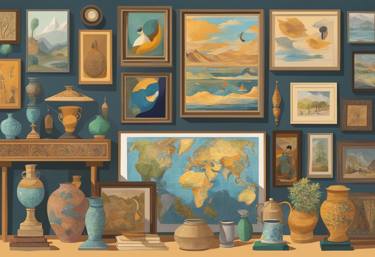 A diverse collection of art from different cultures displayed in a museum setting, with various mediums and styles represented