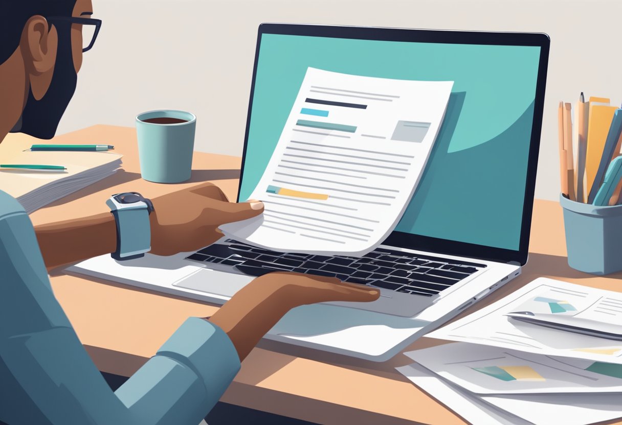 A desk with a laptop, a stack of resumes, and a beautifully crafted cover letter. A hand reaching out to pick up the cover letter, with a thoughtful expression on their face