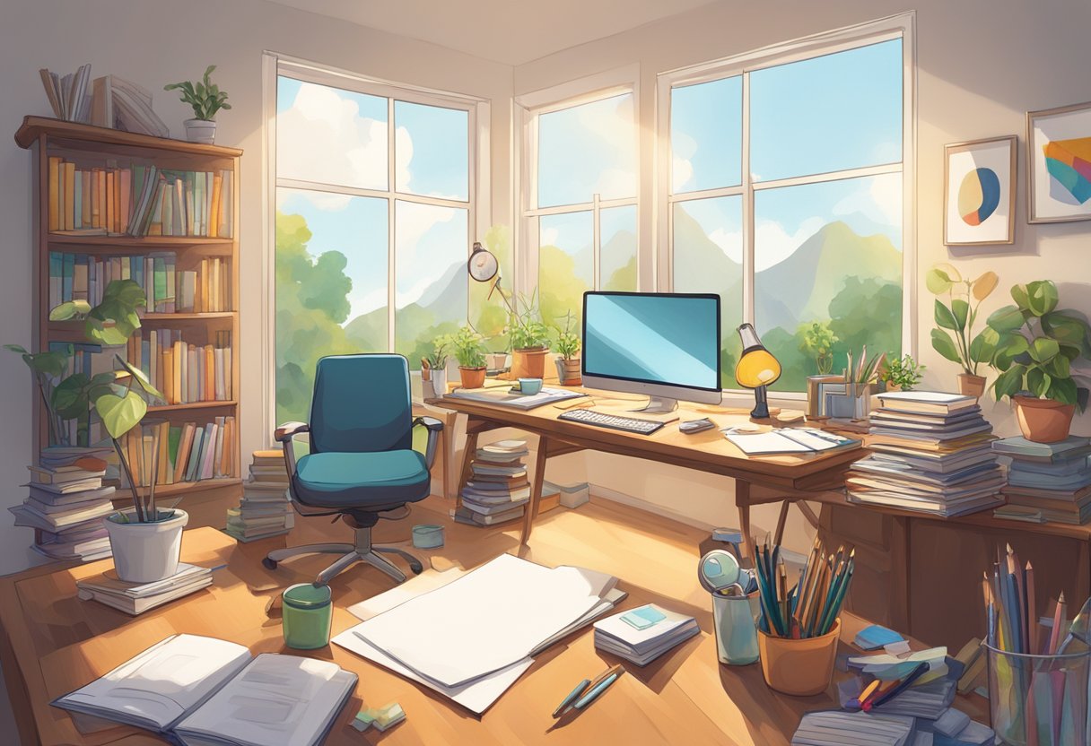 Creative Thinking - Unlocking Innovation in Every Profession Creative Thinking, Innovation LearningMole A cluttered desk with scattered art supplies and a blank canvas, surrounded by books on Creative Thinking and innovation. A window lets in natural light, illuminating the space
