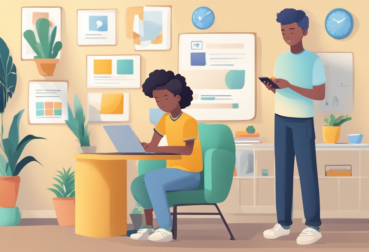 Adolescents and Mobile Technologies: How to Establish Fair Usage Guidelines Mobile Technologies,Adolescents LearningMole Teen with mobile, parent setting rules. Room with tech, rules on wall. Safe online use Mobile Technology