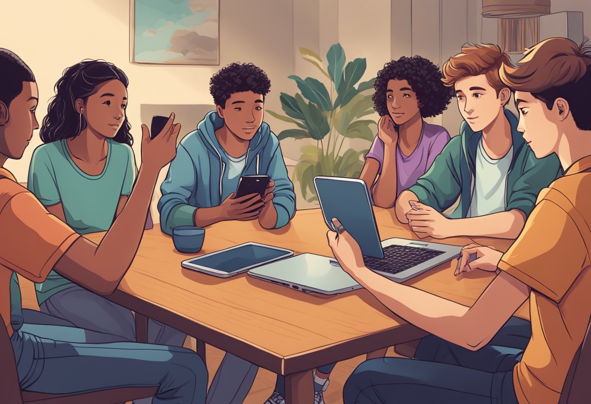 Adolescents and Mobile Technologies: How to Establish Fair Usage Guidelines Mobile Technologies,Adolescents LearningMole A group of adolescents sitting around a table, each with a mobile device in hand. One adolescent holds up a hand, signaling a pause in usage