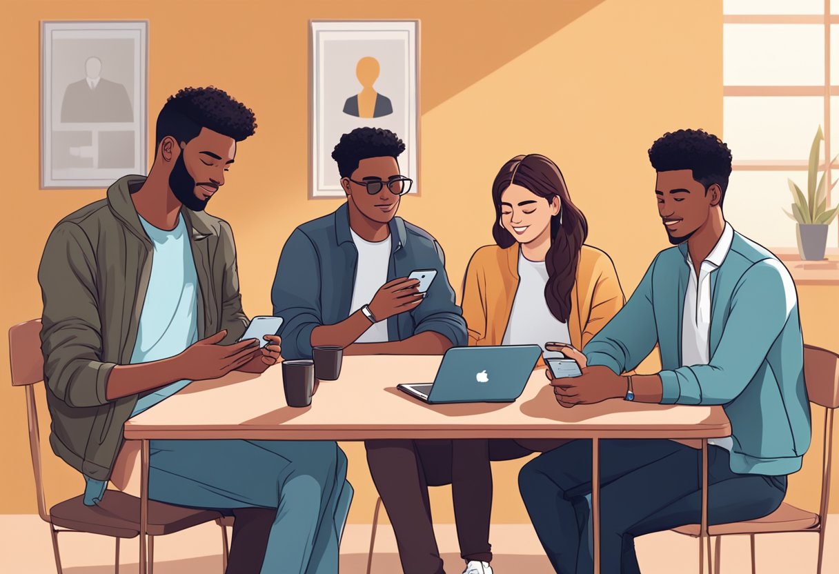 Social Media Etiquette: Essential Online Behaviour Tips for Youngsters social media LearningMole A group of young people sit at a table, each with a smartphone in hand. A poster on the wall social media