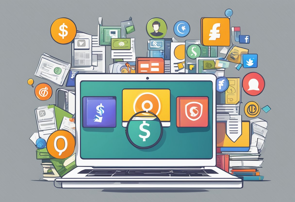 Creating Digital Content: Ethics and Best Practices for Aspiring Young Creators Creating Digital Content LearningMole A laptop with various social media icons and a dollar sign, surrounded by ethical guidelines and best practices books