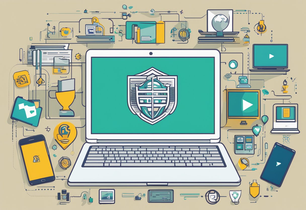 A school logo surrounded by various digital devices and symbols, with a banner reading "Promoting Responsible Digital Citizenship"