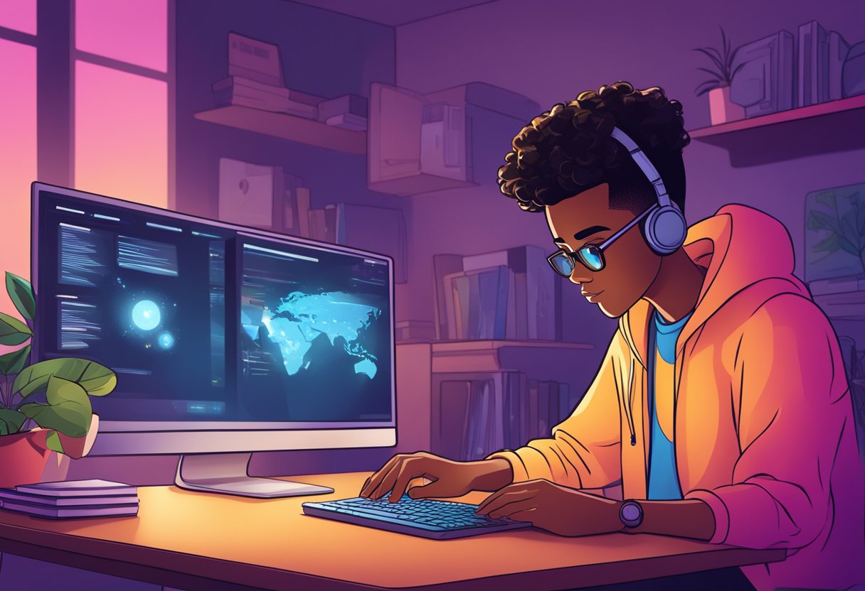A young person sits at a computer, surrounded by digital devices. They are adjusting privacy settings and reading online safety tips. Privacy in the digital age