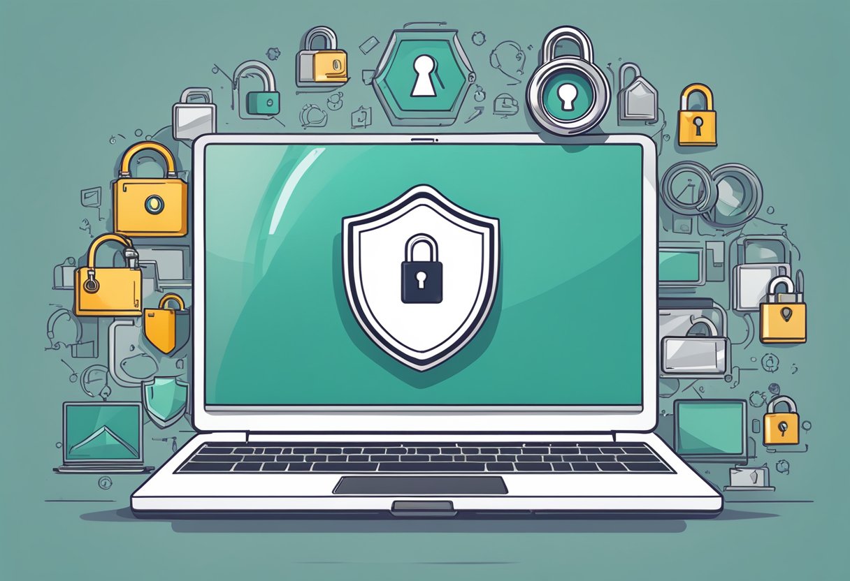 A laptop surrounded by a shield and lock symbol. A magnifying glass hovers over the screen, representing vigilance. A padlock secures a digital key, symbolizing privacy in the digital age