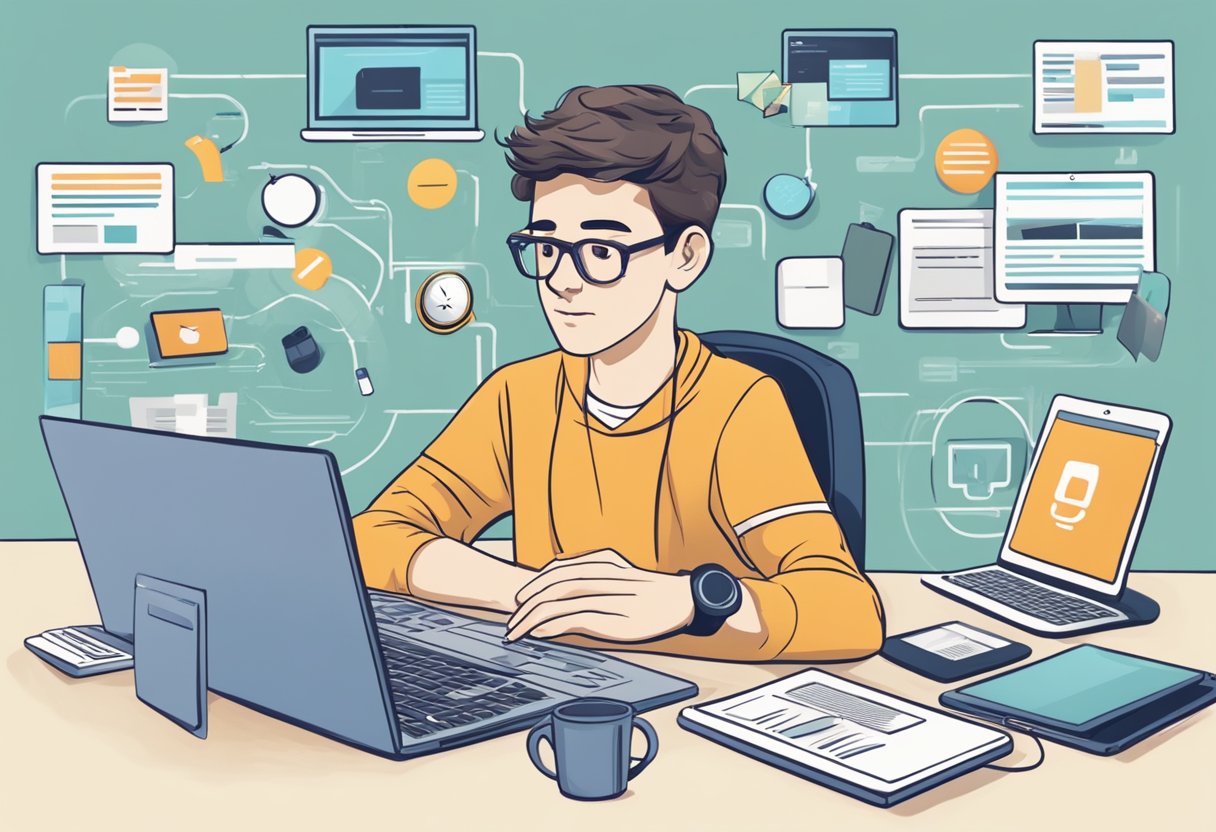 A young person navigating the internet with a concerned expression, surrounded by various digital devices and privacy policy documents