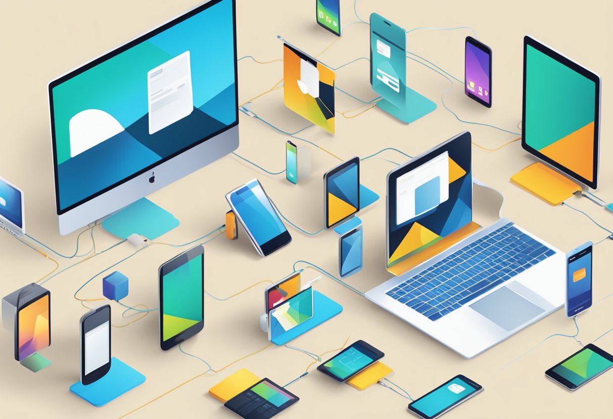 A diverse group of digital devices, including smartphones, tablets, and laptops, are interconnected by a network, symbolizing the interconnectedness and responsibilities of digital citizens