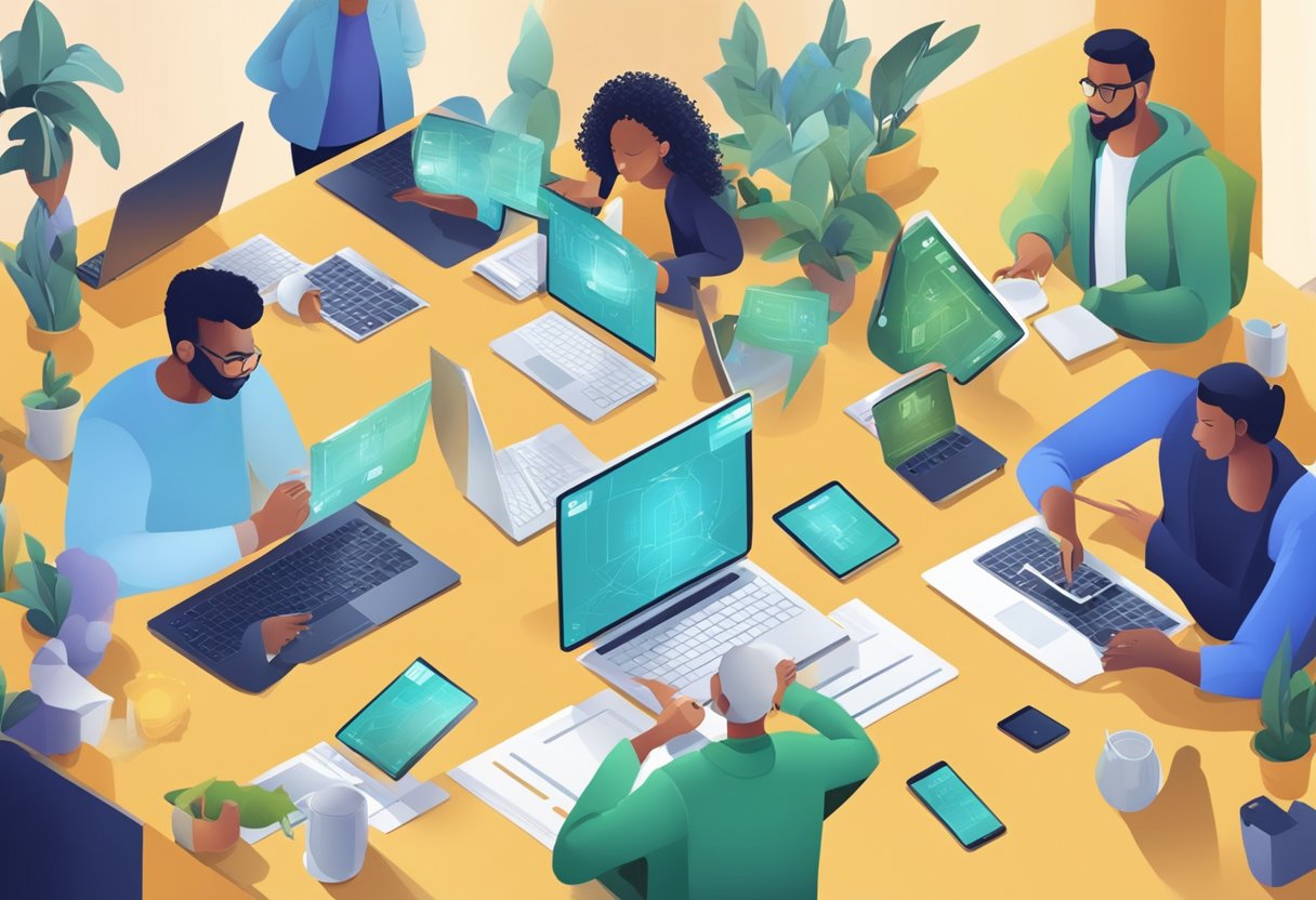 A diverse group of digital citizens collaborating on various devices, exchanging information, and upholding ethical practices in the digital economy