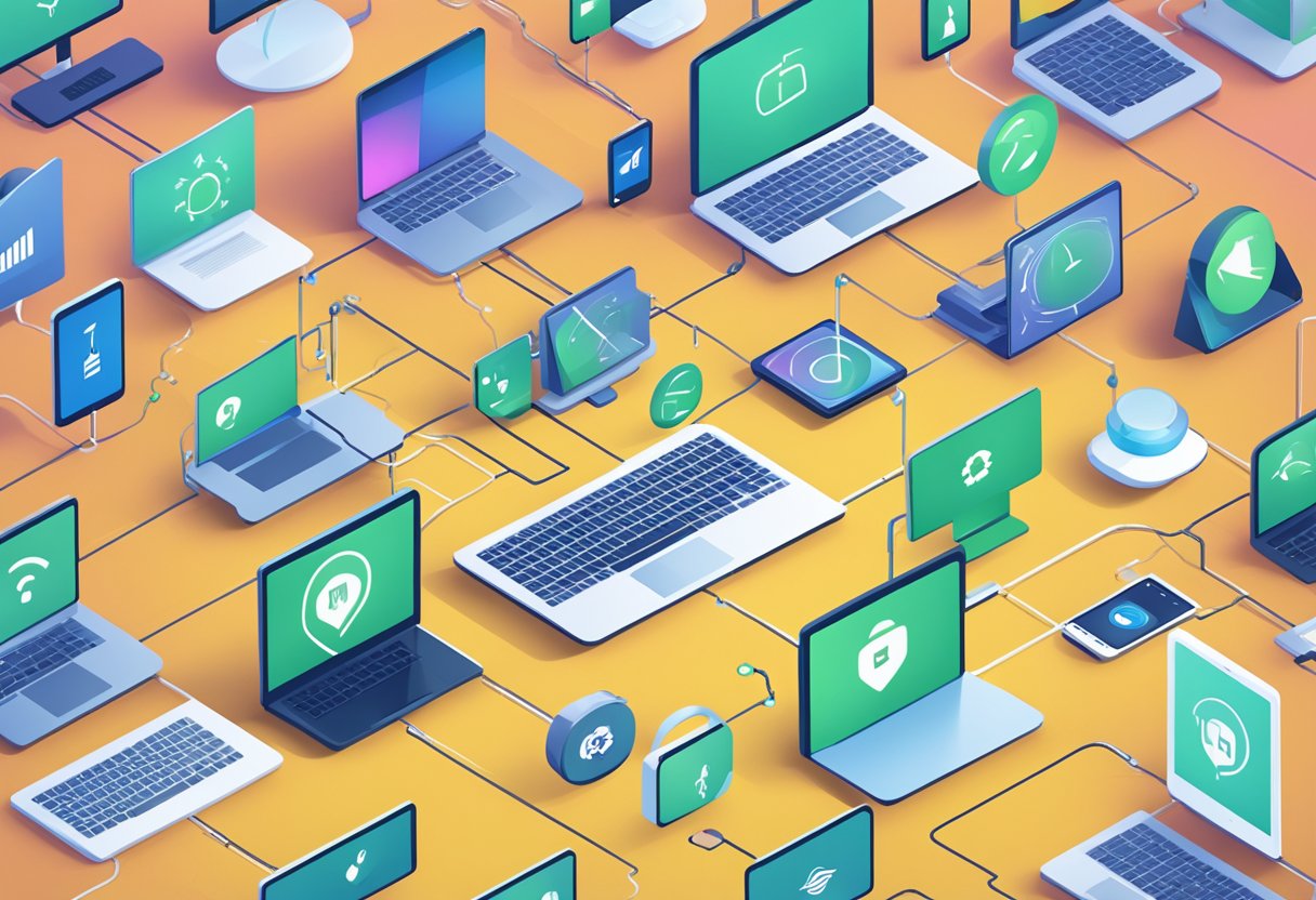 A diverse group of digital devices connected by a network, surrounded by symbols representing rights and responsibilities