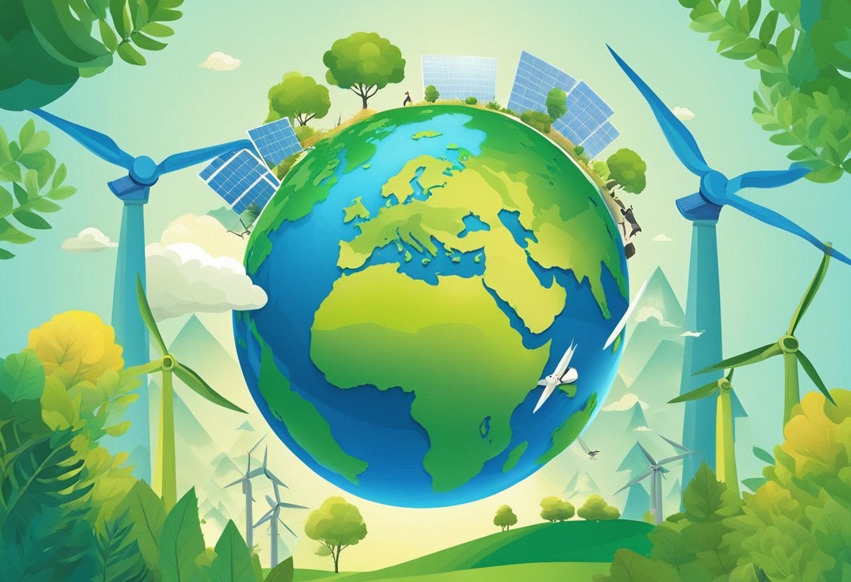 A vibrant green globe surrounded by renewable energy sources, with a clear blue sky and diverse Business ethics