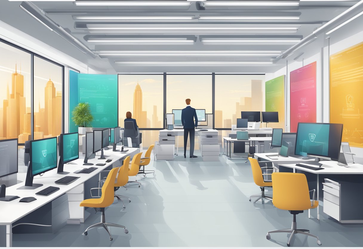 A modern office setting with technology devices and Business ethics