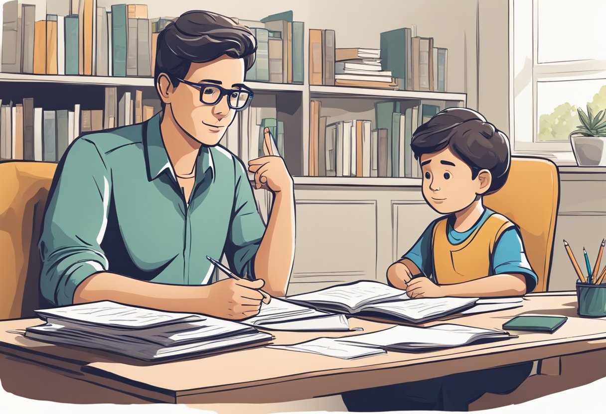 A parent and child sit at a desk, discussing business advice. The parent gestures confidently, while the child listens attentively. Books and papers are scattered on the desk, indicating a serious and focused conversation