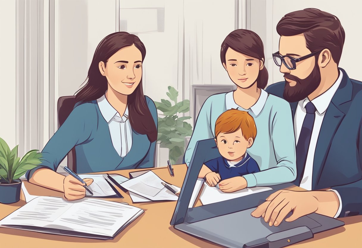 A family sitting around a table, parents offering advice, while children listen attentively. Business documents and a laptop are visible on the table