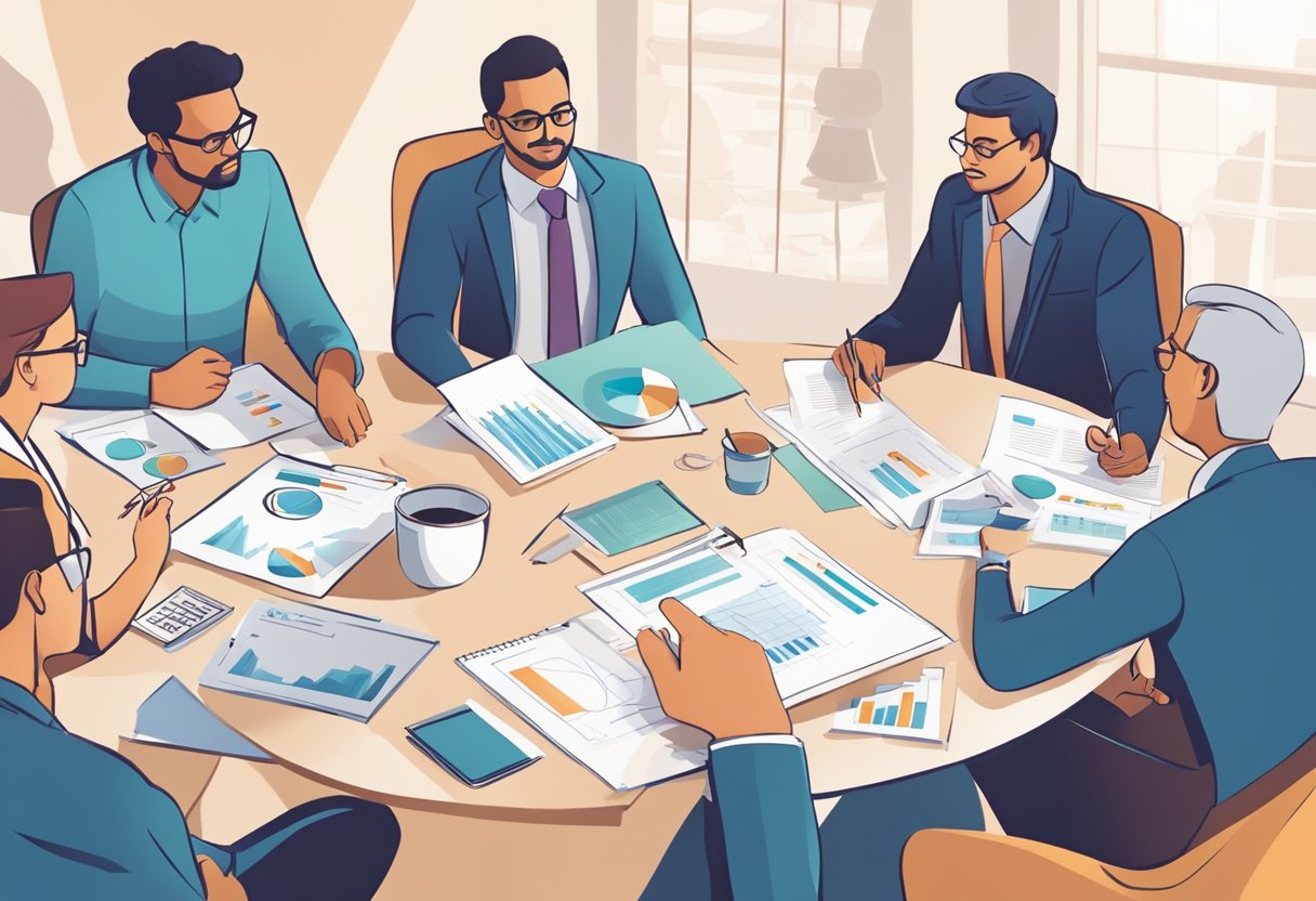 A group of business professionals gather around a table, discussing long-term strategies. Charts and graphs are spread out, while a mentor offers advice