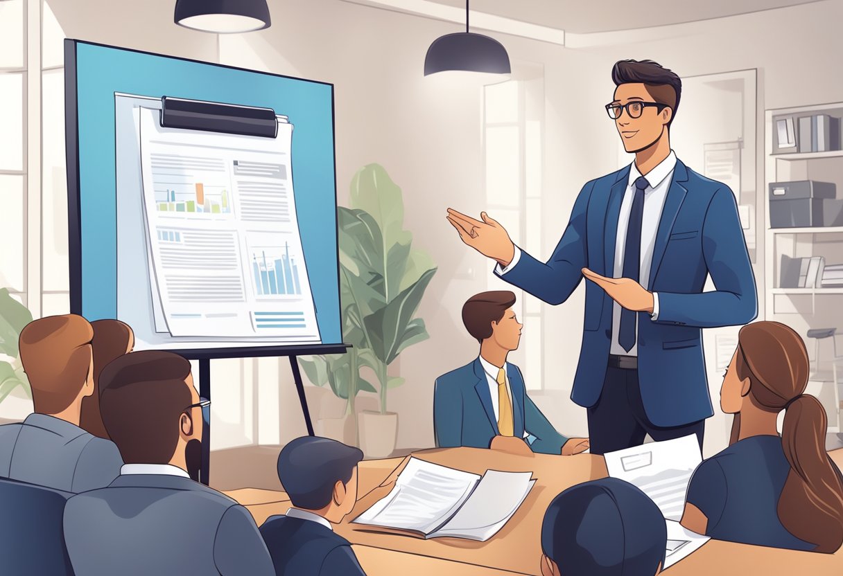 Legal Basics Every Young Entrepreneur Should Know: Essential Startup Guidance Young Entrepreneur,business LearningMole A young entrepreneur presenting their brand and products to an audience, with legal documents and regulations displayed in the background