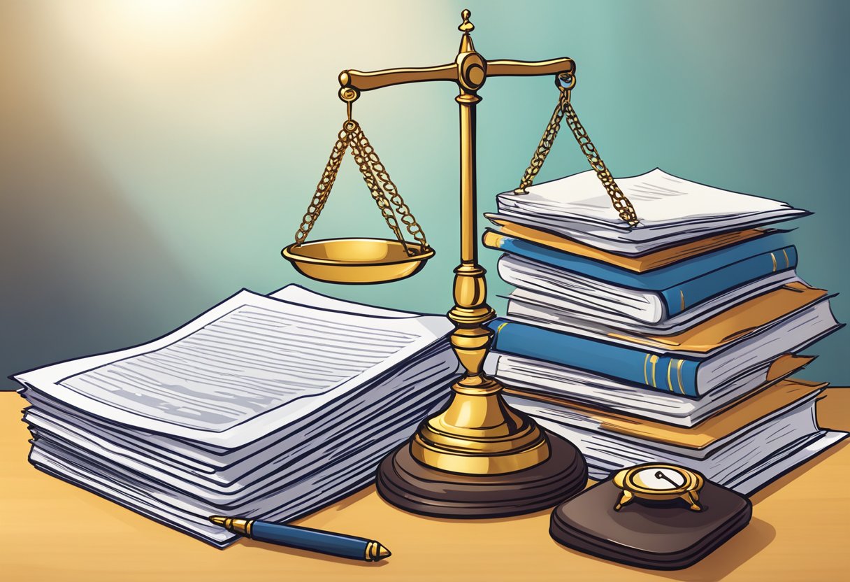Legal Basics Every Young Entrepreneur Should Know: Essential Startup Guidance Young Entrepreneur,business LearningMole A stack of legal documents sits on a desk, including contracts, business licenses, and copyright registrations. A scale of justice symbol is prominently displayed, representing the importance of legal knowledge for young entrepreneurs