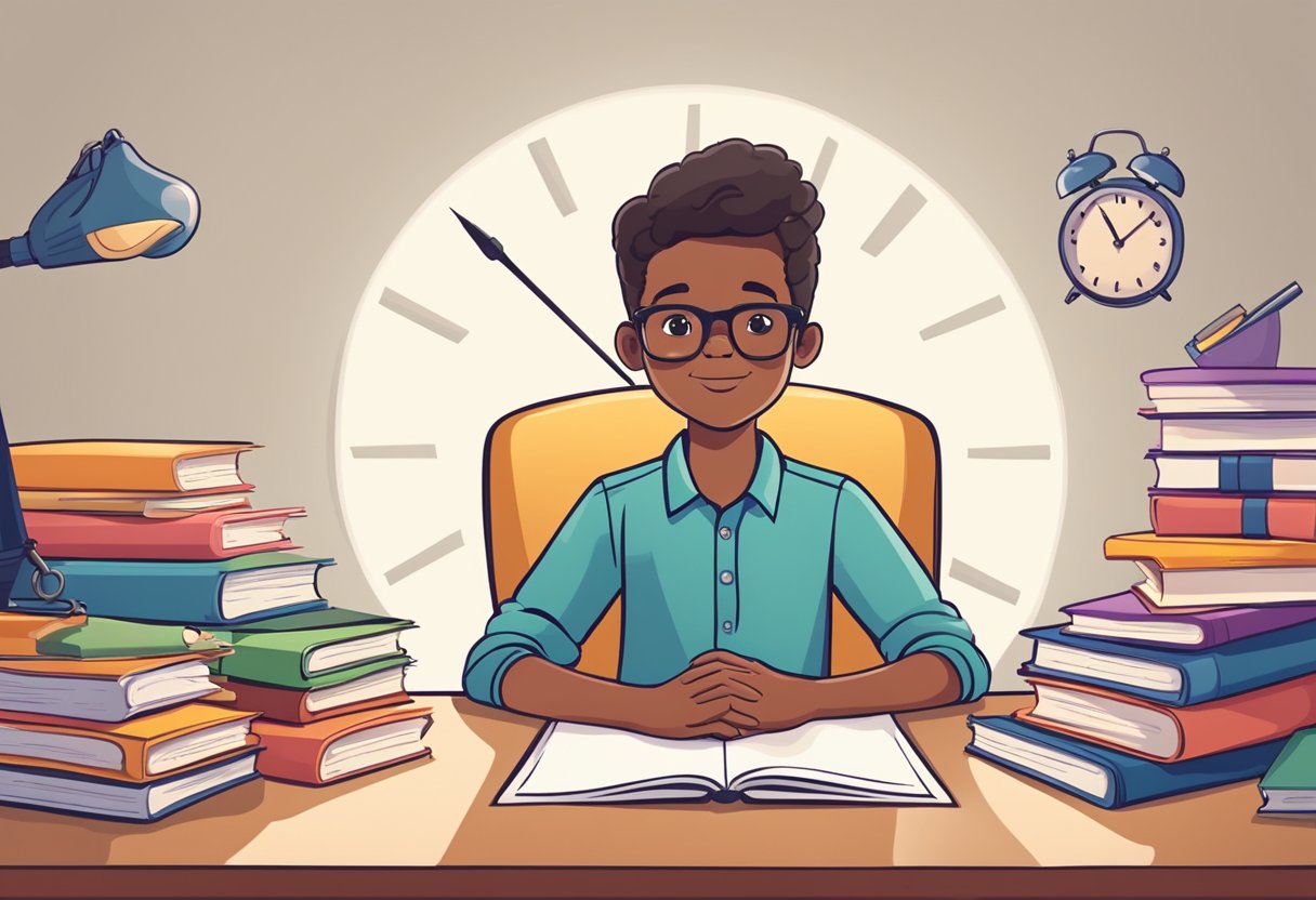 Time Management for Kidpreneurs: Top Tips for Juggling Studies and Start-Ups Time Management for Kidpreneurs, business LearningMole A kidpreneur sits at a desk, surrounded by school books and business materials. A clock on the wall shows a balanced schedule, with designated time for both schoolwork and business activities