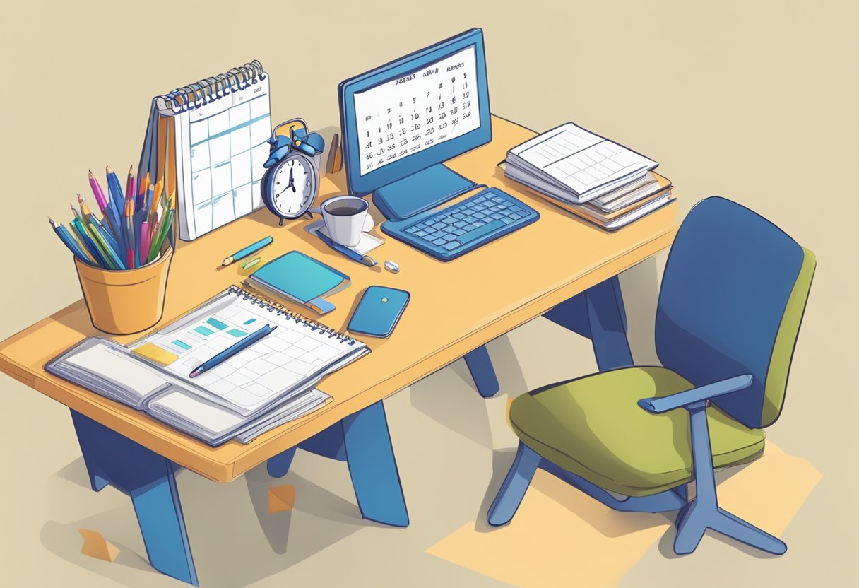 Time Management for Kidpreneurs: Top Tips for Juggling Studies and Start-Ups Time Management for Kidpreneurs, business LearningMole A clutter-free desk with a calendar, clock, and to-do list. A child-sized chair and table set up for studying and working on business tasks. A seamless transition from school to business